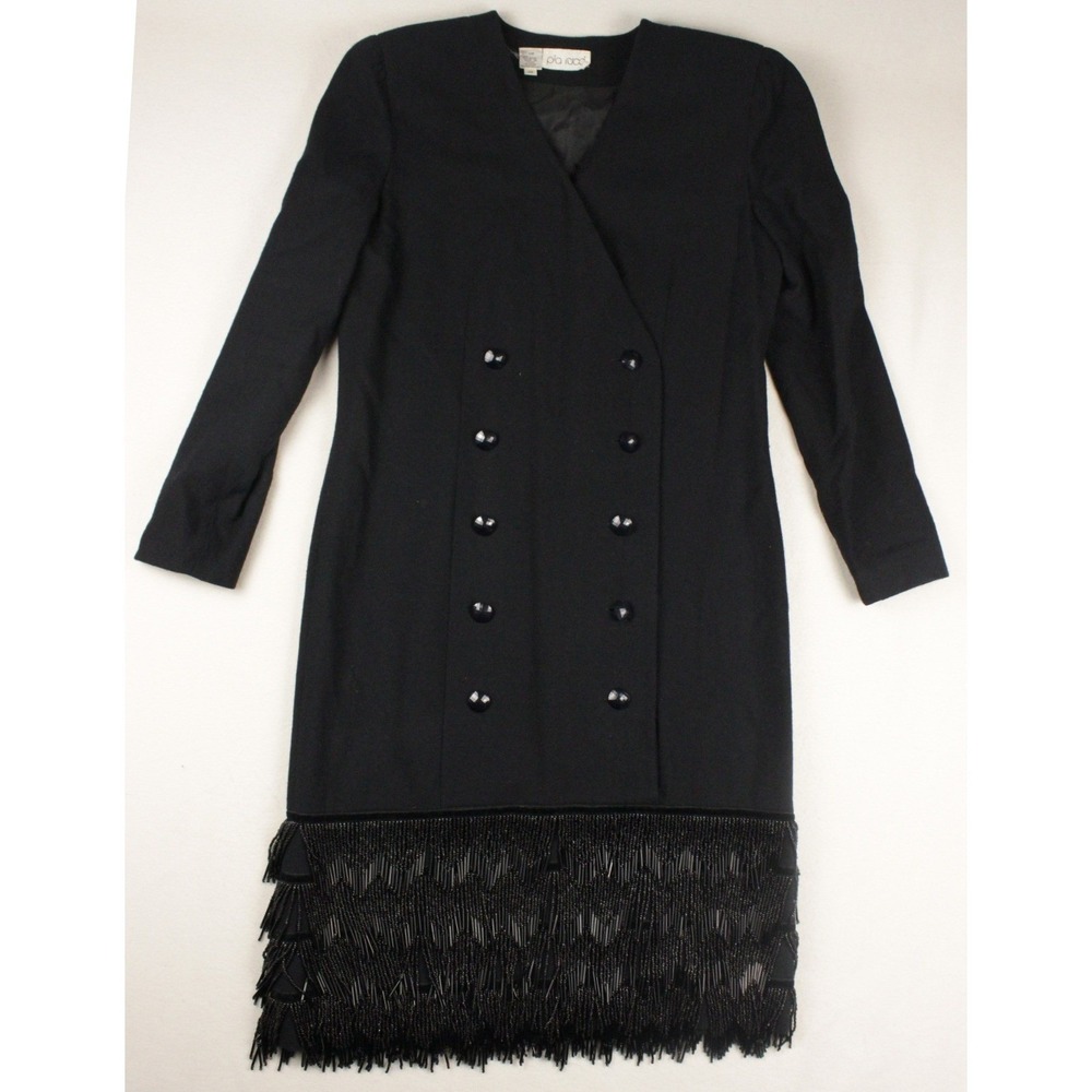 Vintage Pia Rucci Black Wool Beaded Fringe Dress 80s Double Breasted Size 10